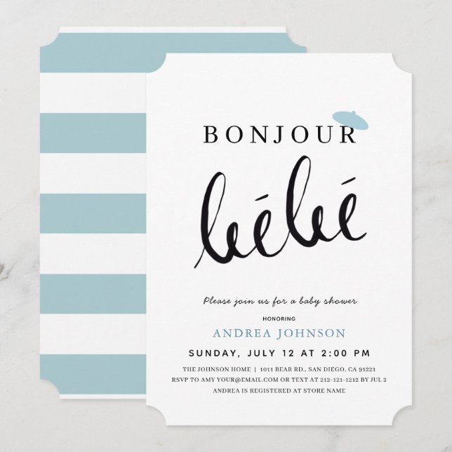 Invitación Bonjour Bebe Blue Beret Simple Boy Baby Shower (Anverso / Reverso)