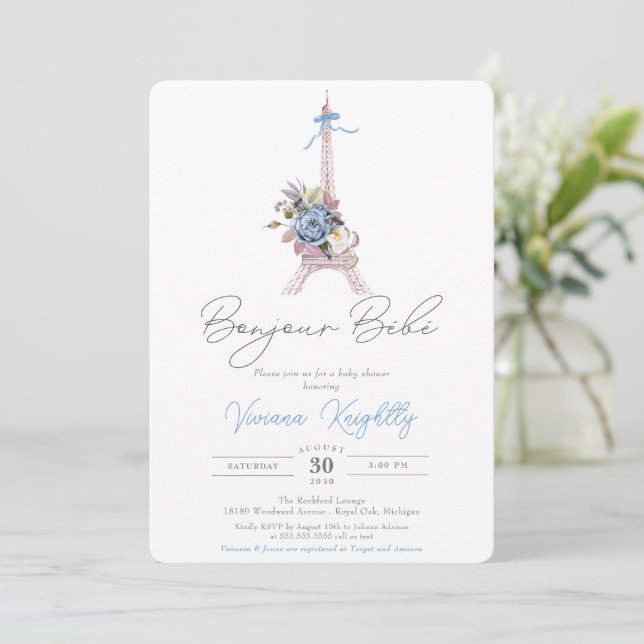 Invitación Bonjour Bebe, Blue Floral Eiffel Paris Baby Shower (Anverso de pie)