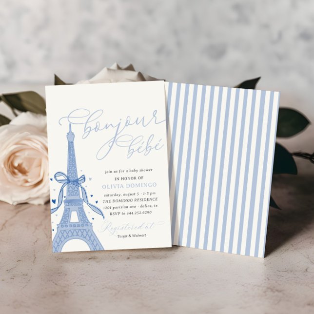 Invitación Bonjour Bébé Blue Paris Torre Eiffel Baby Shower (Subido por el creador)