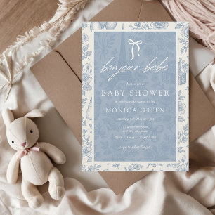 Invitación Bonjour Bebe Blue Toile French Boy Baby Shower