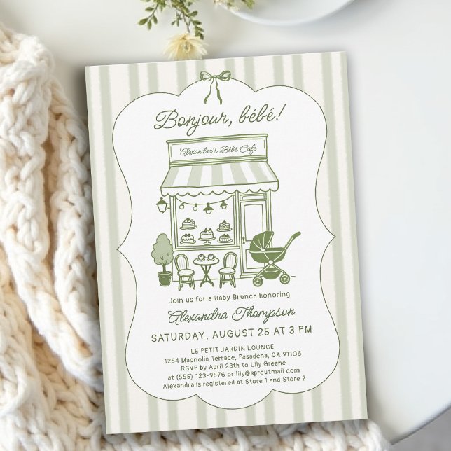 Invitación Bonjour Bebe Coffee Brunch Brewing Baby Shower (baby shower brunch invitation coffee theme brewing olive green bistro hand drawn paris bistro)