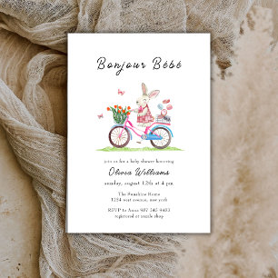 Invitación Bonjour Bébé Conejo Bicicleta Macarons Baby Shower