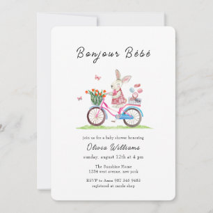 Invitación Bonjour Bébé Conejo Bicicleta Macarons Baby Shower
