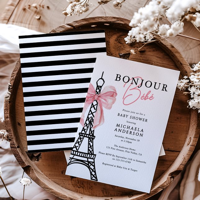 Invitación Bonjour Bébé Coquette Bow Paris Baby Shower (Subido por el creador)