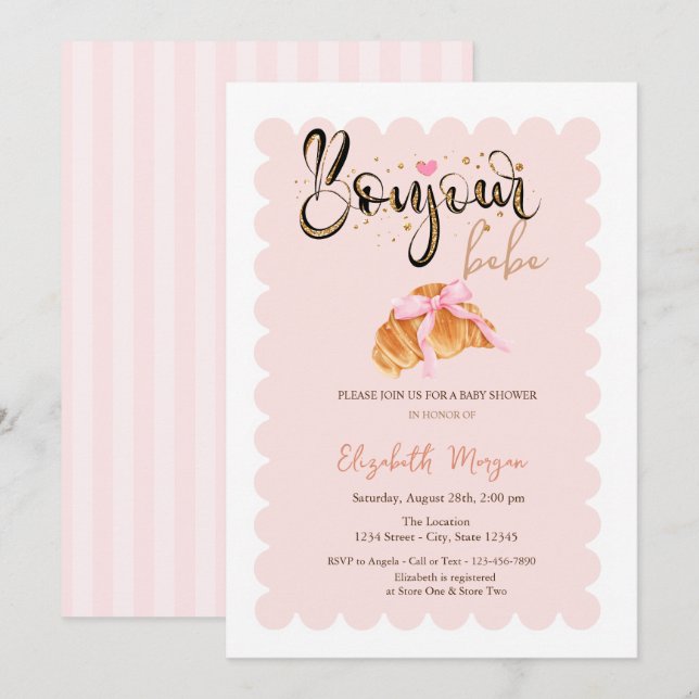 Invitación Bonjour Bébé Croissant  Bow Striped Baby Shower (Anverso / Reverso)