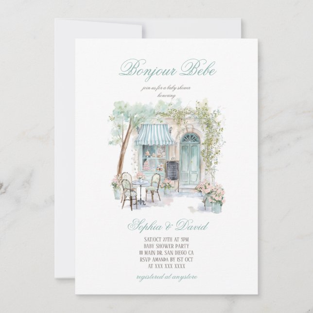 Invitación Bonjour Bebe Cumpleaños Francés Floral  (Anverso)