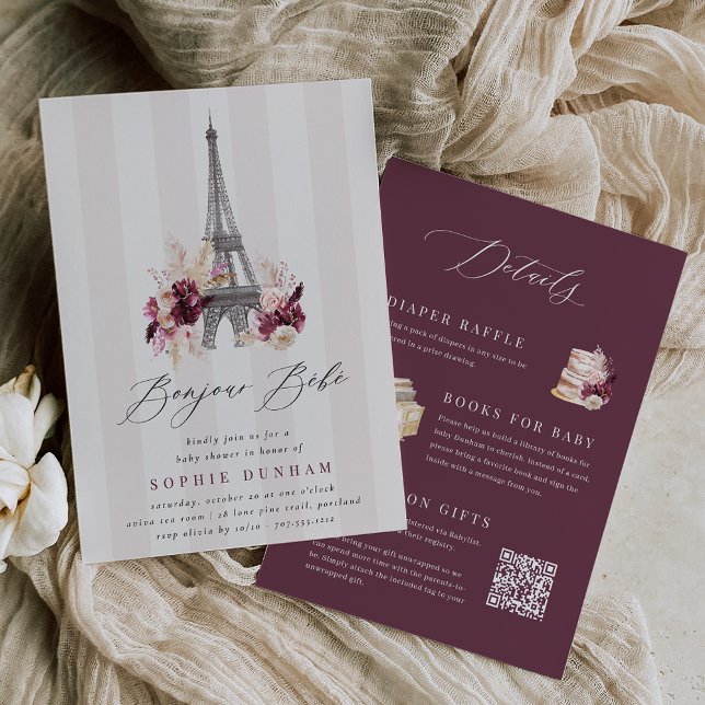 Invitación Bonjour Bébé de doble cara Baby Shower de París (Subido por el creador)