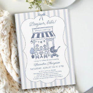 Invitación Bonjour Bebe Desayuno Brunch Café Dusty Blue Baby