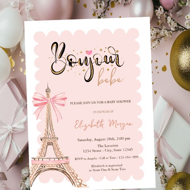 Invitación Bonjour Bébé Eiffel Tower Bow Striped Baby Shower (Subido por el creador)