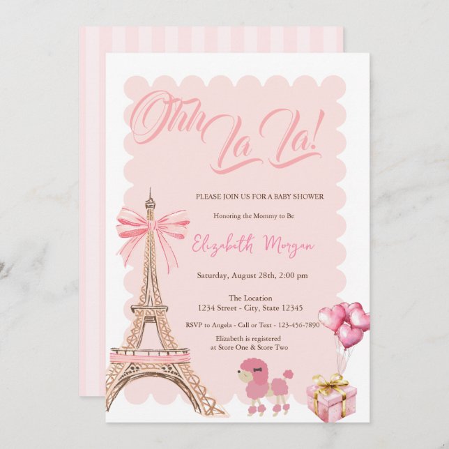 Invitación Bonjour Bébé Eiffel Tower Bow Striped Baby Shower (Anverso / Reverso)