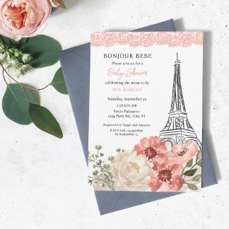 Invitación Bonjour Bebe Eiffel Tower Paris Baby Shower