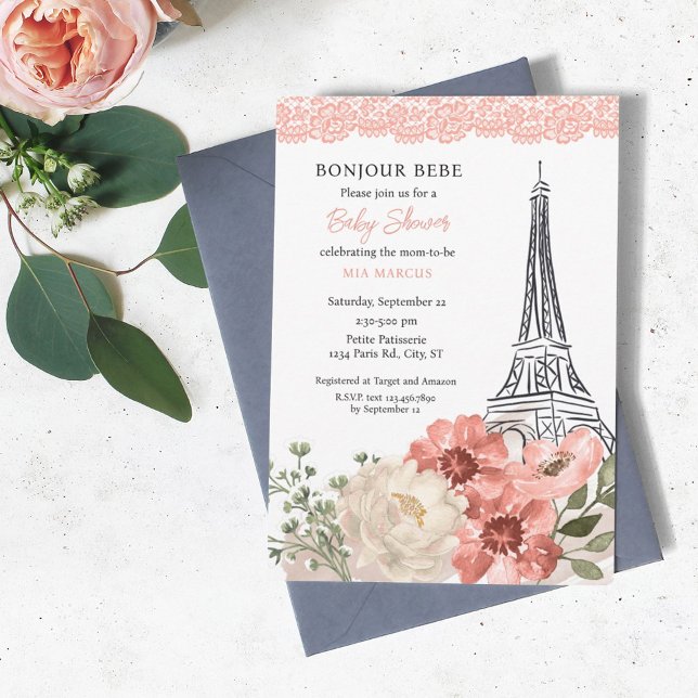 Invitación Bonjour Bebe Eiffel Tower Paris Baby Shower (Subido por el creador)