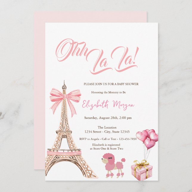 Invitación Bonjour Bébé Eiffel Tower Pink Bow  Present Poodle (Anverso / Reverso)