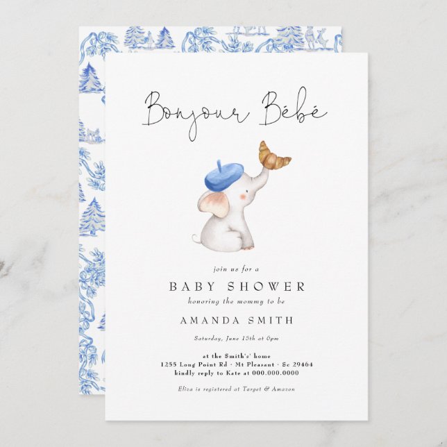 Invitación Bonjour Bebe Elephant Baby Boy Ducha Toile (Anverso / Reverso)