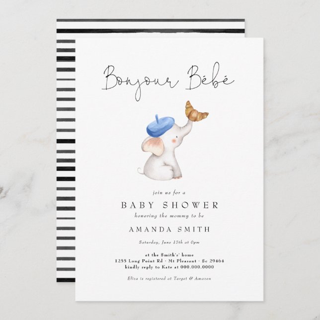 Invitación Bonjour Bebe Elephant Baby Shower (Anverso / Reverso)