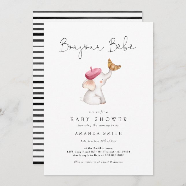 Invitación Bonjour Bebe Elephant Baby Shower (Anverso / Reverso)