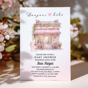 Invitación Bonjour Bebe Fiesta de Bebé Parisina Rosa Café Fra