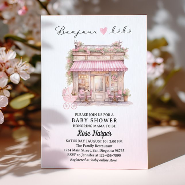 Invitación Bonjour Bebe Fiesta de Bebé Parisina Rosa Café Fra (Subido por el creador)