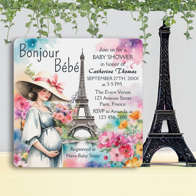 Invitación Bonjour Bebe Floral Eiffel Torre Paris Baby Shower (Subido por el creador)