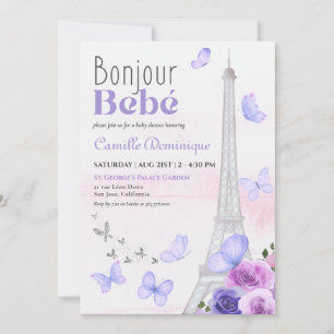 Invitación Bonjour Bebé Francés Eiffel Lavender Butterflies