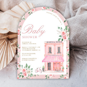 Invitación Bonjour Bebe Francés Rosa Café Parisino Baby Showe