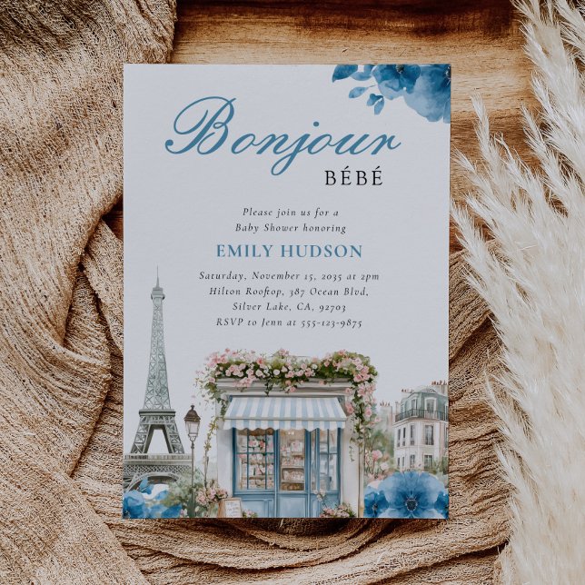 Invitación Bonjour Bebe French Blue Baby Shower Invitation (Subido por el creador)