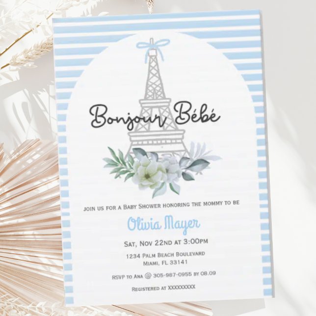 Invitación Bonjour Bebe French Paris Blue Boy Baby Shower (Subido por el creador)