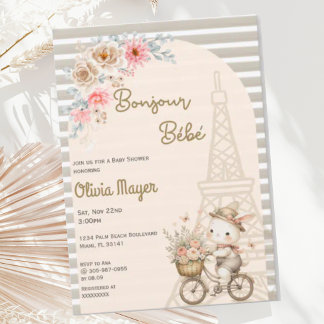 Invitación Bonjour Bebe French Paris Bunny Baby Shower