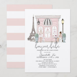 Invitación Bonjour Bébé French Paris Cafe Pink Baby Shower