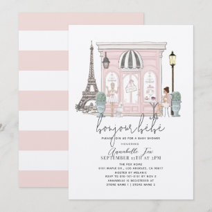 Invitación Bonjour Bébé French Paris Cafe Pink Baby Shower