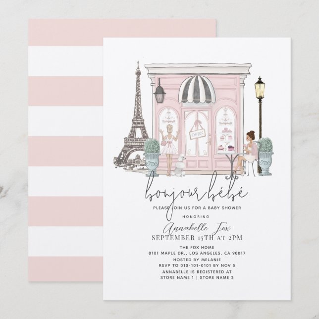 Invitación Bonjour Bébé French Paris Cafe Pink Baby Shower (Anverso / Reverso)