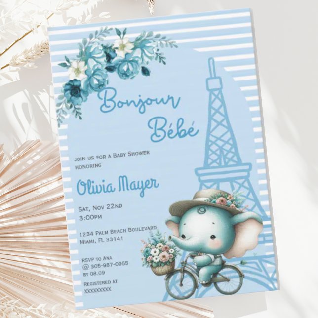 Invitación Bonjour Bebe French Paris Elephant Baby Shower (Subido por el creador)