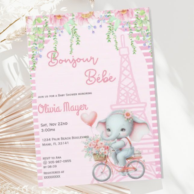 Invitación Bonjour Bebe French Paris Elephant Baby Shower (Subido por el creador)