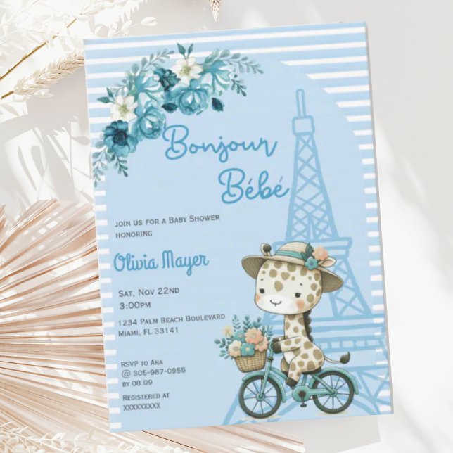 Invitación Bonjour Bebe French Paris Giraffe Blue Baby Shower (Subido por el creador)