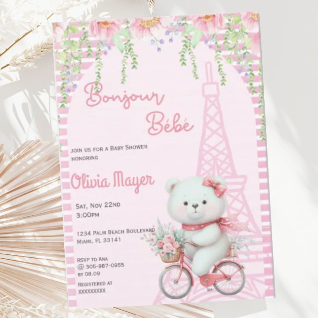 Invitación Bonjour Bebe French Paris Pink Bear Baby Shower (Subido por el creador)