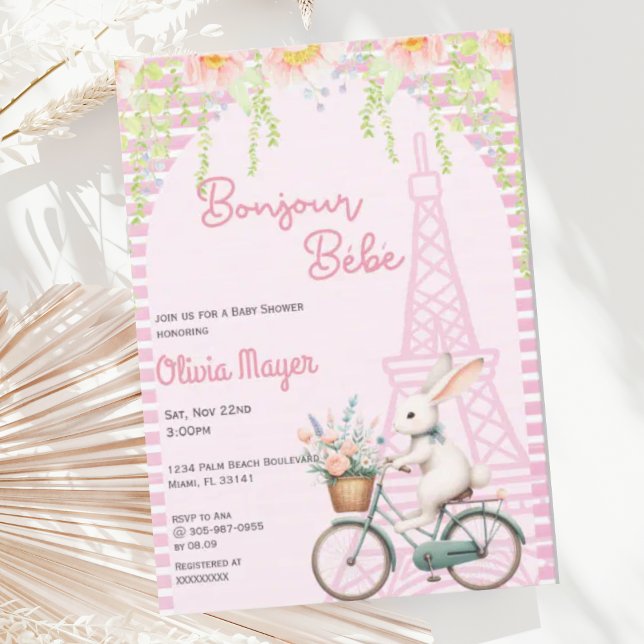 Invitación Bonjour Bebe French Paris Pink Bunny Baby Shower (Subido por el creador)