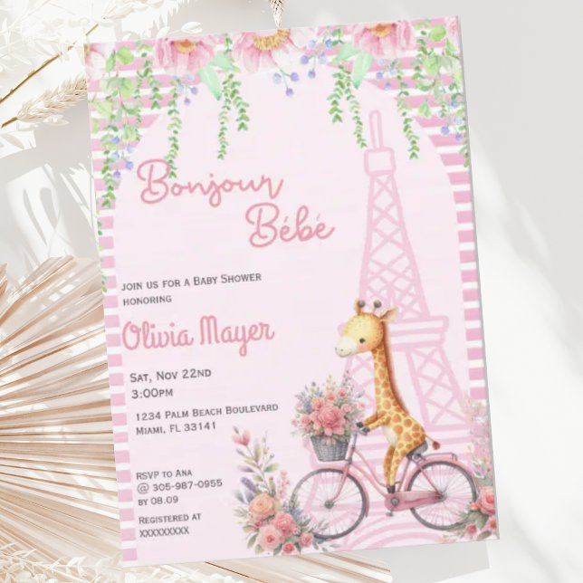 Invitación Bonjour Bebe French Paris Pink Giraffe Baby Shower (Subido por el creador)