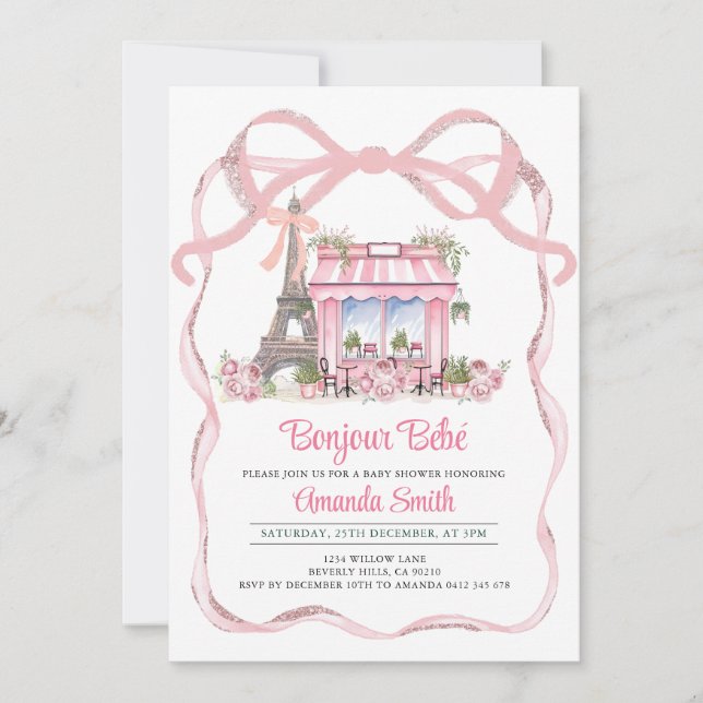 Invitación Bonjour Bebe French Parisian Cafe Baby Shower (Anverso)