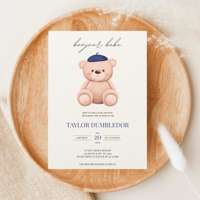 Invitación Bonjour Bebe French Watercolor Bear Baby Shower (Subido por el creador)