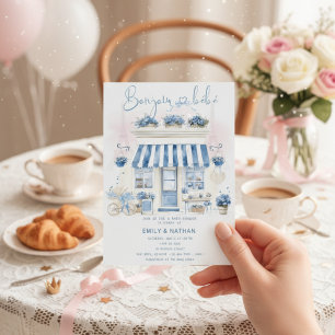 Invitación Bonjour Bebe lazo Café parisino torre Eiffel rosa