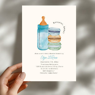 Invitación Bonjour Bébé Macarons & Leche Azul Fiesta de Bebé