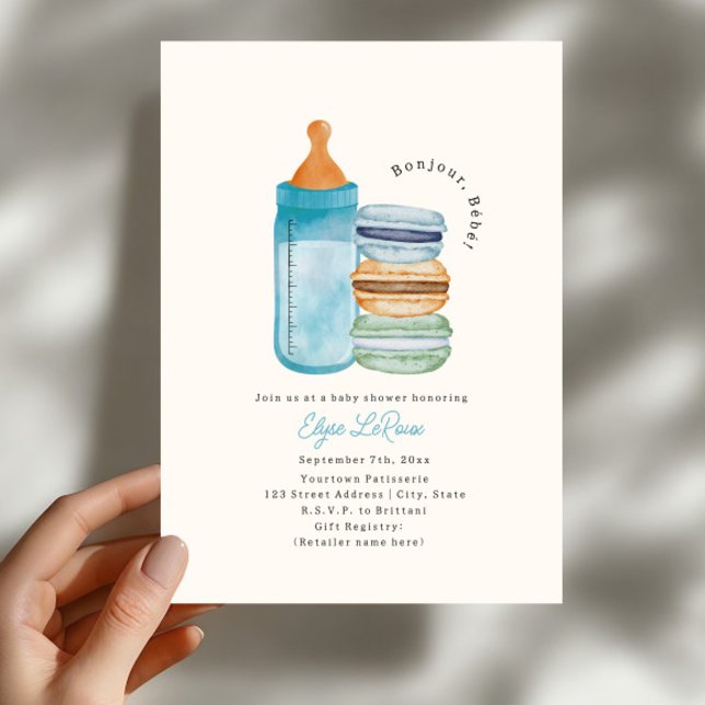 Invitación Bonjour Bébé Macarons & Leche Azul Fiesta de Bebé (Subido por el creador)