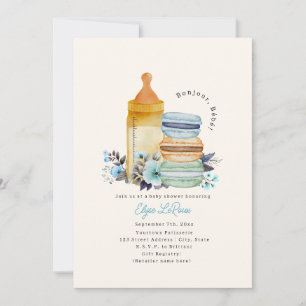 Invitación Bonjour Bébé Macarons Leche Floral Azul Baby Showe