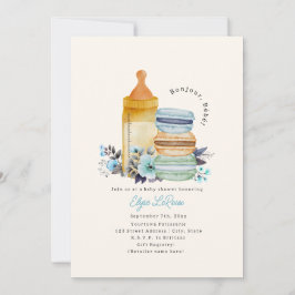 Invitación Bonjour Bébé Macarons Milk Floral Blue Baby Shower