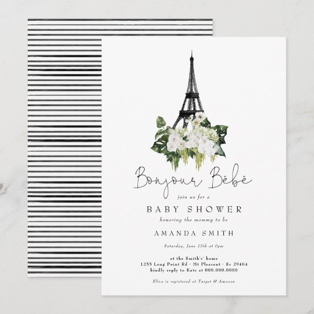 Invitación Bonjour Bebe Paris Baby Shower Floral blanca franc (Anverso / Reverso)