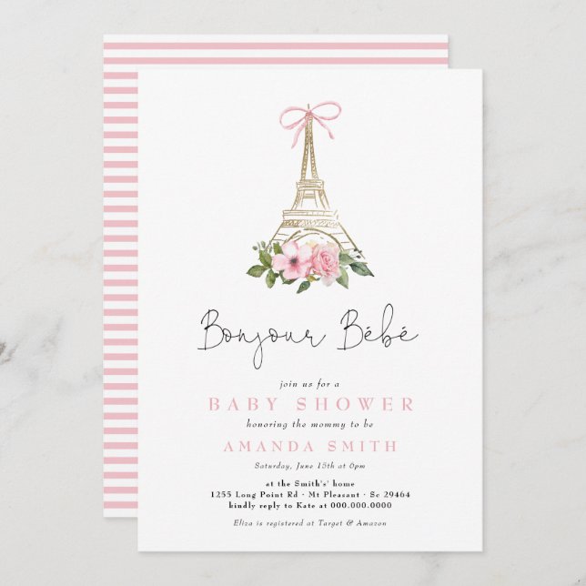 Invitación Bonjour Bebe Paris Baby Shower Rosa Francés Eiffel (Anverso / Reverso)