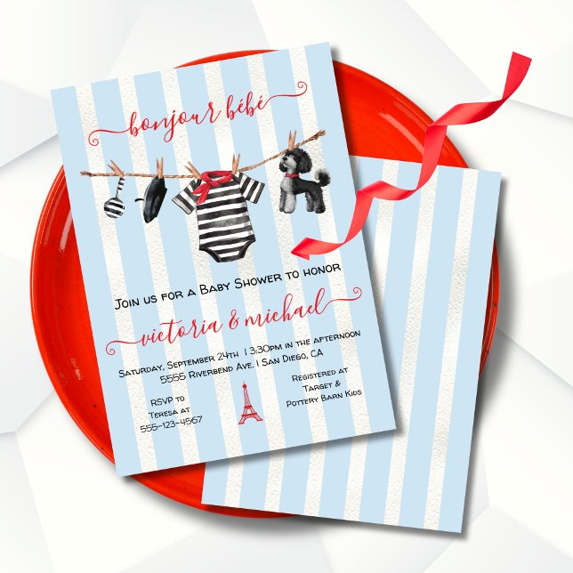 Invitación Bonjour Bebe Paris Boy Clothesline Baby Shower (Subido por el creador)