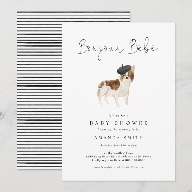 Invitación Bonjour Bebe Paris Bulldog francés Baby Shower (Anverso / Reverso)