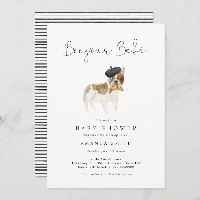 Invitación Bonjour Bebe París Bulldog francés Baby Shower Inv (Anverso / Reverso)