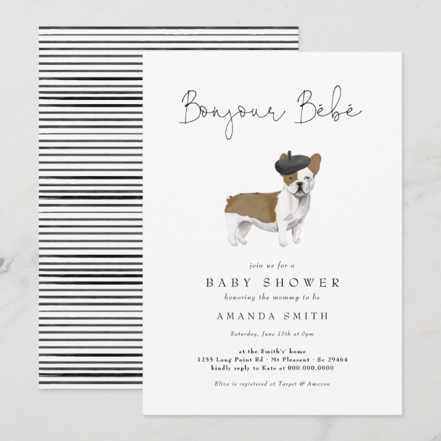 Invitación Bonjour Bebe París Bulldog francés Baby Shower Inv (Anverso / Reverso)
